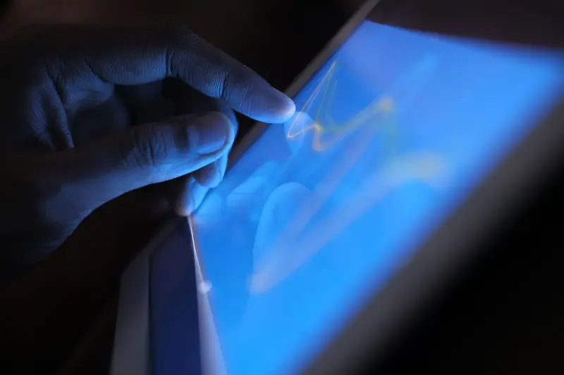 Finger touching the screen of a tablet that shows a blue chart in a dark room
