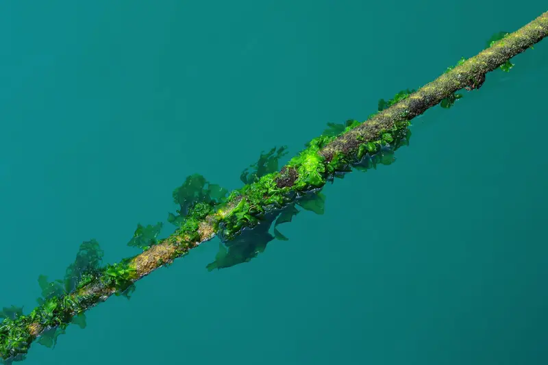 Cable covered in algae lying underwater in green water
